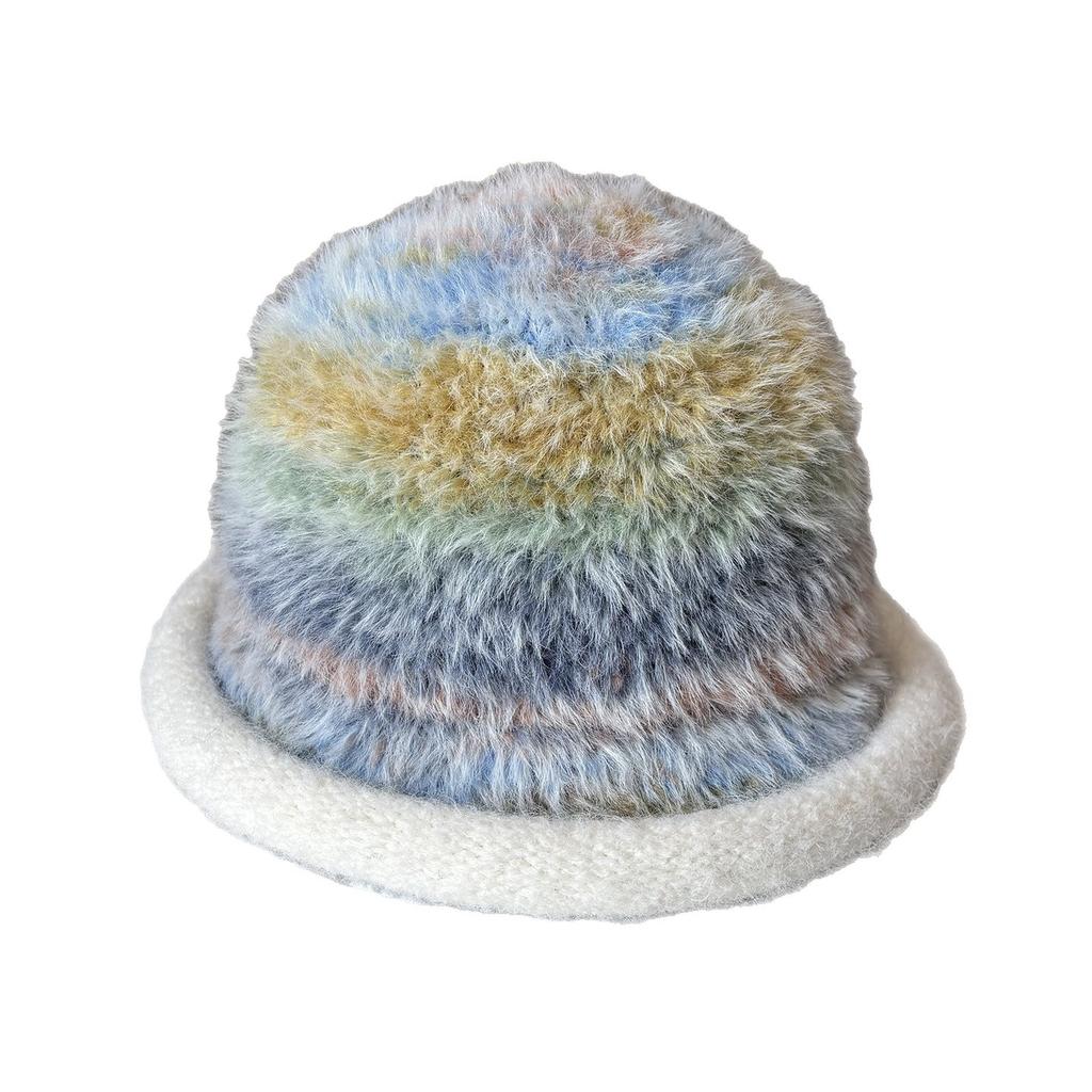 Famous Style Mixed Color Knitted Fluffy Hat Thickened Crimped Bucket Hat Women'S Warm Ear Protection Washbasin Hat