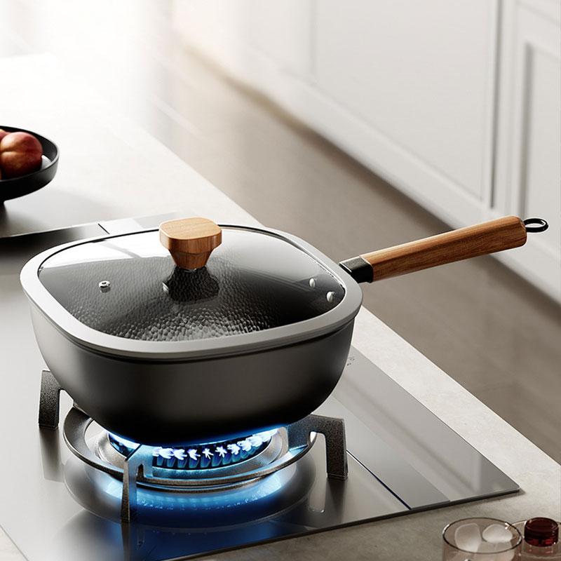 New 24cm Square Refined Iron Wok Pan Non-coating Hammered Frying Pan Skillet Nonstick Flat Bottom Deep Frying Pot for All Stoves