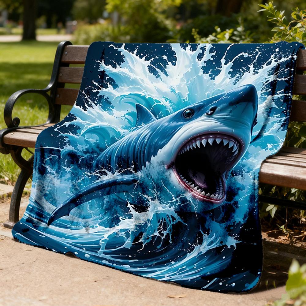 1pc Shark Attack Print Outdoor Blanket, Lightweight Polyester,