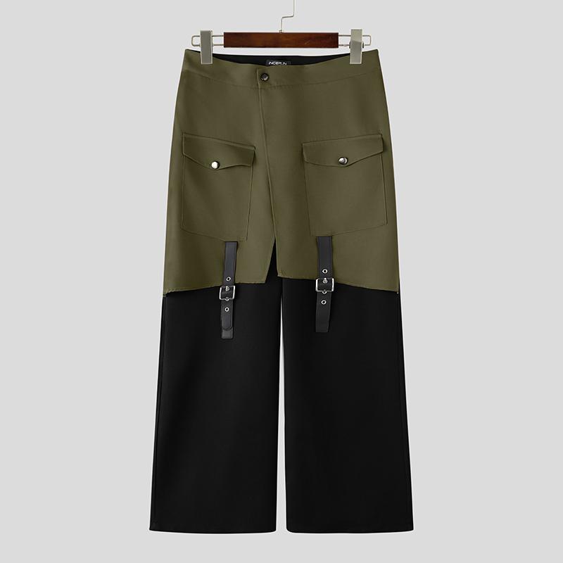 

INCERUN Men High Wrap Waist Patchwork Zip-up Casual Loose Long Wide Legs Pants Trousers 5XL