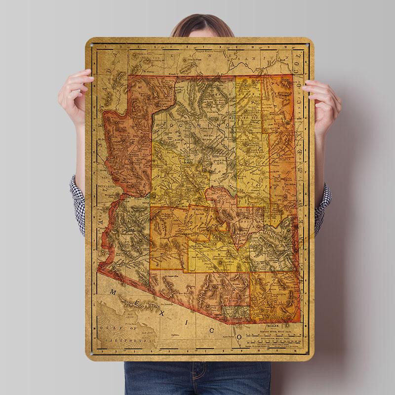 Vintage Map of Arizona Metal Poster Custom Wall Art Retro Vintage Tinplate Signs for Man Cave Room Decorations Luxury Home Decor
