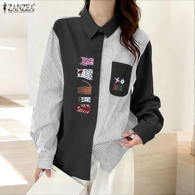Women Casual Turn Down Collar Long Sleeve Loose Print Blouse