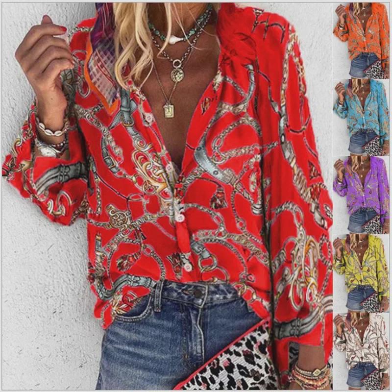 Women's Autumn/Winter Multi-Color Chain Print Stand Collar Long Sleeve Shirt