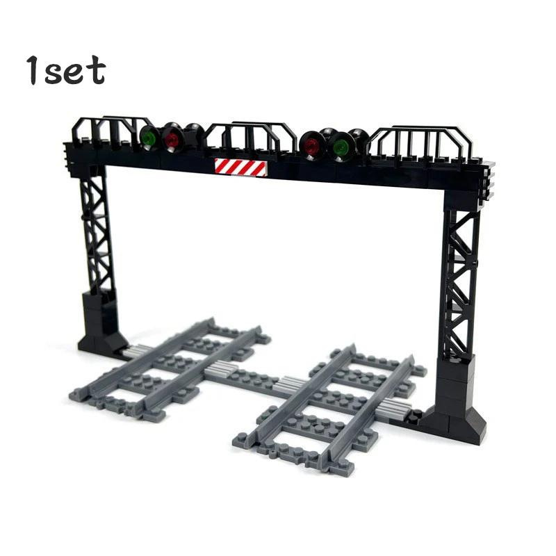 Non-Toxic City Train Track Traffic Light Lamp Street View Signs Indicator Brick Road Sign Cross Signpost Barrier Model Building Block Toys