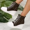 Sexy Leopard Wedge Heel Lace Up Canvas Shoes Women 2025 Autumn Round Toe Medium Heel Shoes Thick Bottom Ankle Boots