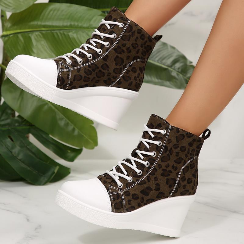 Sexy Leopard Wedge Heel Lace Up Canvas Shoes Women 2025 Autumn Round Toe Medium Heel Shoes Thick Bottom Ankle Boots