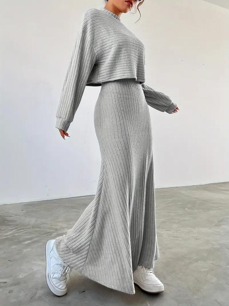 Rib Knit Crop Top And Maxi Skirt Set Two Piece Outfits Long Sleeve High Waist Plain Matching Sets