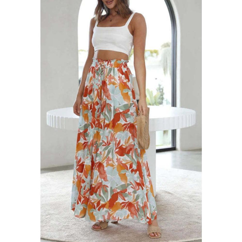 Women's Mid Waist Digital Printed Pocket Design Loose Wide Leg Casual Long Pants