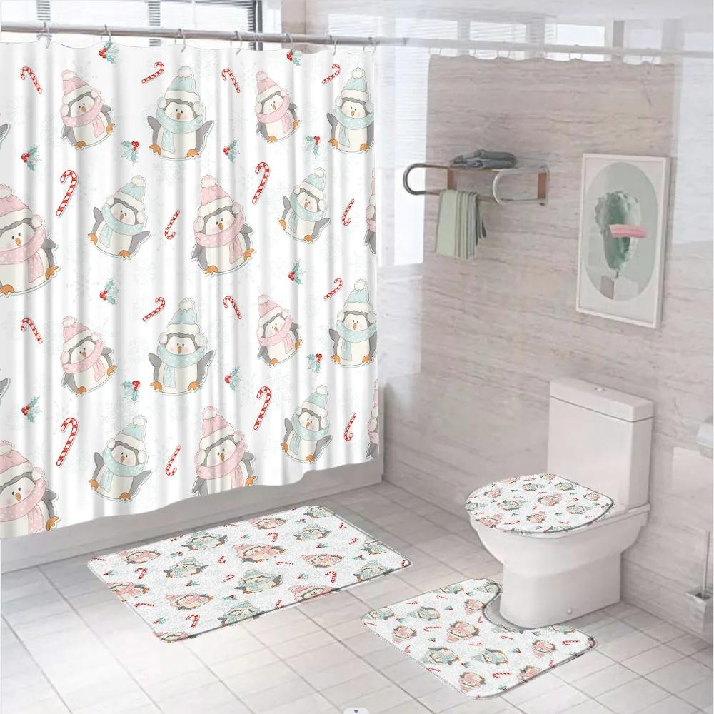 Funny Penguin Shower Curtain Set Animal Antarctic Ice Field Nature Blue Sky Bathroom Curtains Non-Slip Bath Mat Rug Toilet Cover