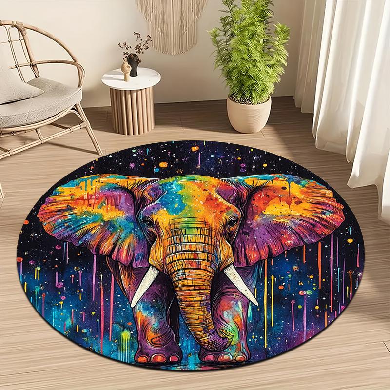 Doodle painted elephant Flannel-printed round floor mats are slip-resistant Suitable living room bedroom terrace garden carpets