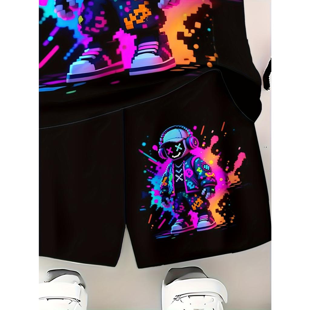 Boy's casual set, featuring 3D printed design | Short-sleeved T-shirt and shorts set