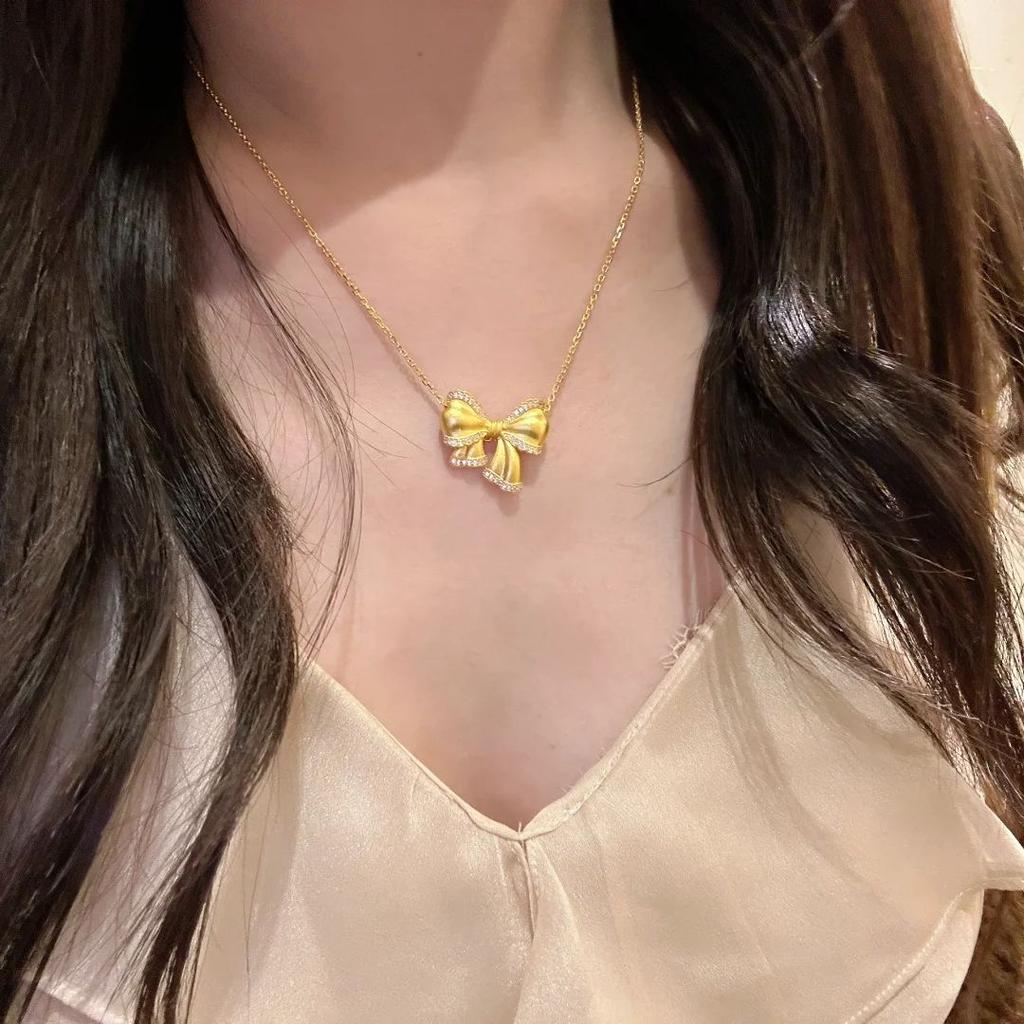 French Retro Princess On The Run Brushed Bow Necklace Pendant Light Luxury Full Of Diamonds Ancient Gold Ribbon Butterfly Stud Earrings