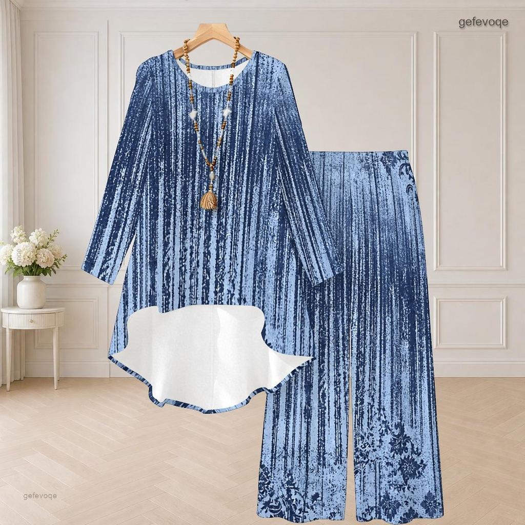 Women Plus Size Round Neck Long Sleeve Printed High Low Top Wide Leg Pants Two Piece Set
