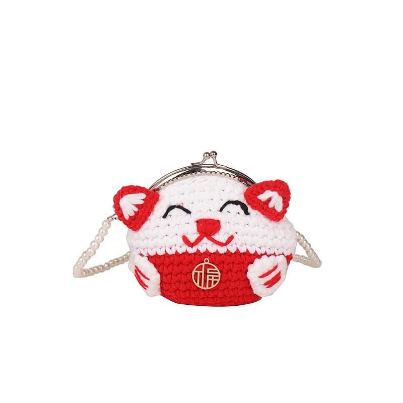 New Year Waking Lion Fortune Cat Coin Purse With Handcrafted Knitted Wool Material For Girls And Children Lucky Cat