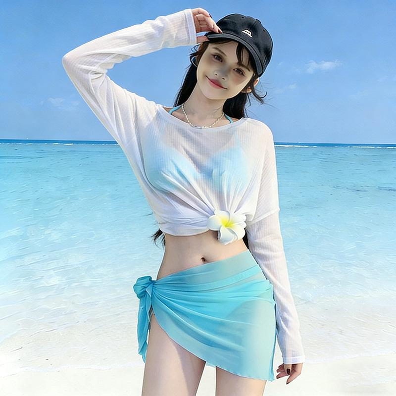 

Women s Four-Piece Skirt-Style Split Bikini Set with Long Sleeve Cover-Up: Elegant Sun Protection for Vacation or Hot Springs. XL (110-125 lbs)
