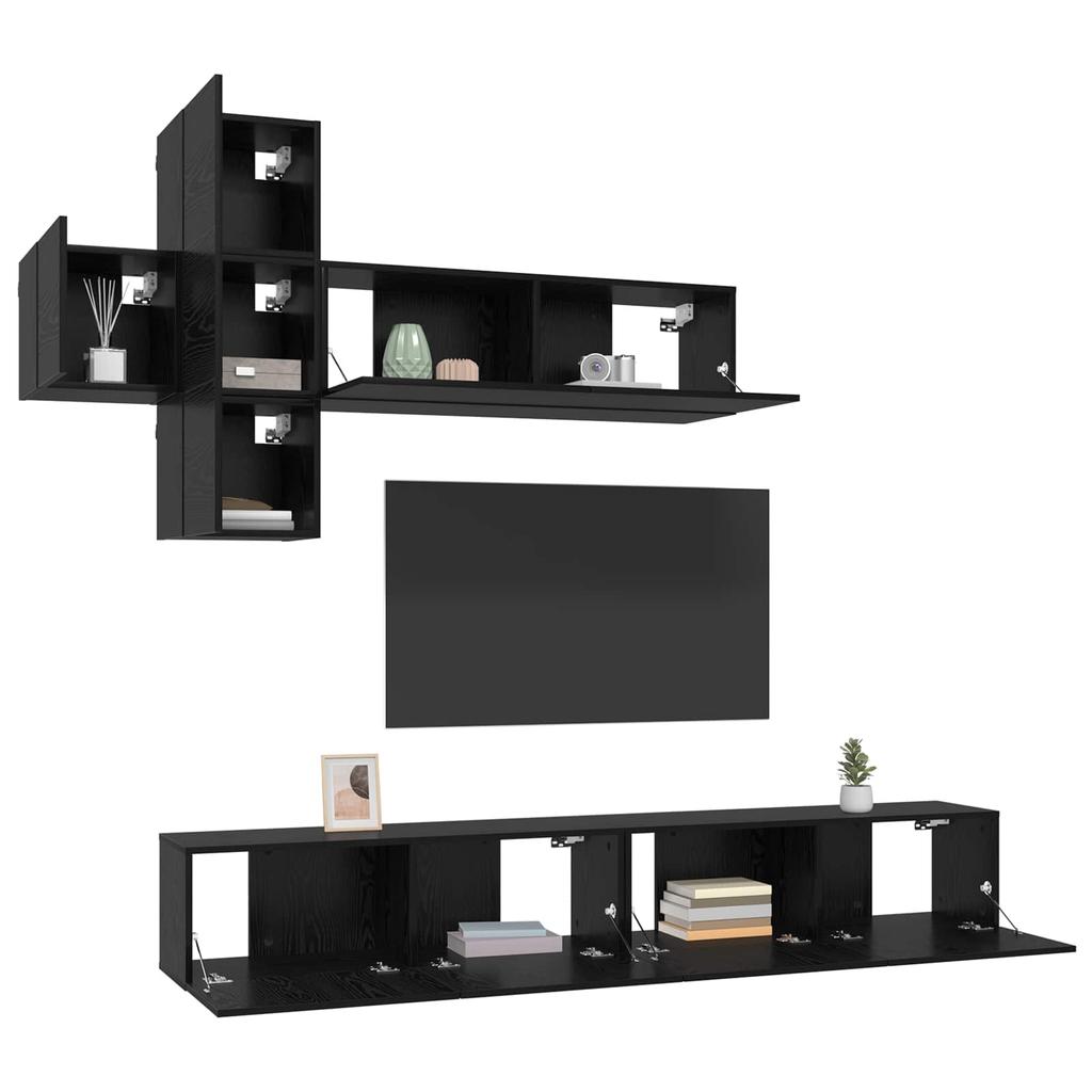 Wall Mounted TV Cabinet Set 7 Piece Black Oak Wood Based Material