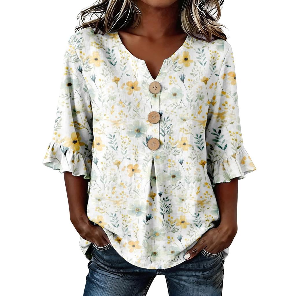 Women V Neck Floral Print Button Front Loose Fit Blouse Ruffle Sleeve Casual Top for Everyday Wear