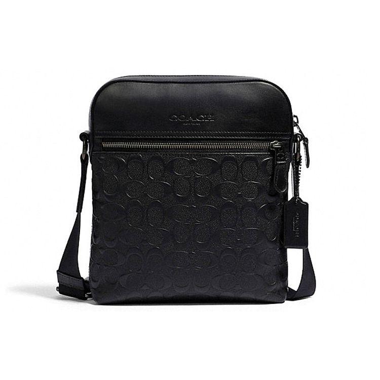 Coach Men s Black Signature Embossed Leather Crossbody Messenger Bag, Business Daily Handbag Basic Set (Bag+Dust Bag)