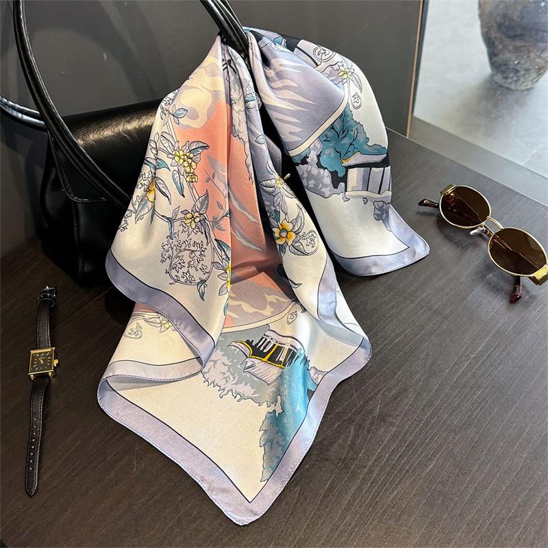 New 100% Real Silk Satin Women Scarf  Flower Printed Foulard Femme Square Head Scarfs Bandana Shawl For Lady Hijab
