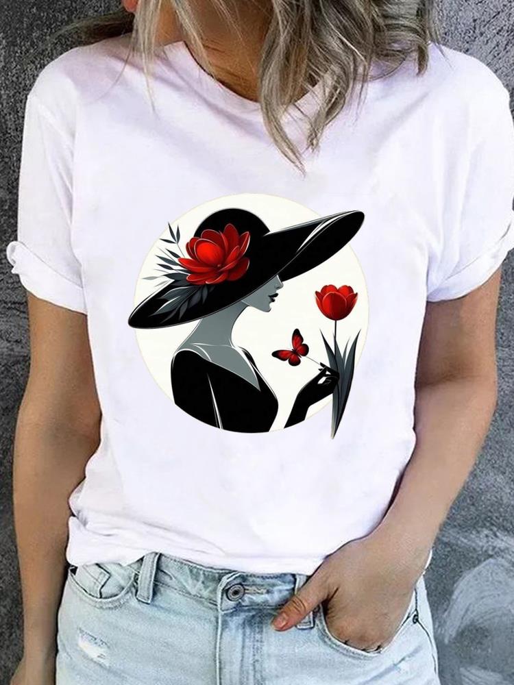 (Asian Size) Butterfly Flower Short Sleeve T-shirts Printed Clothing Lady Female Top Casual T Shirt Fashion Women Graphic Tee