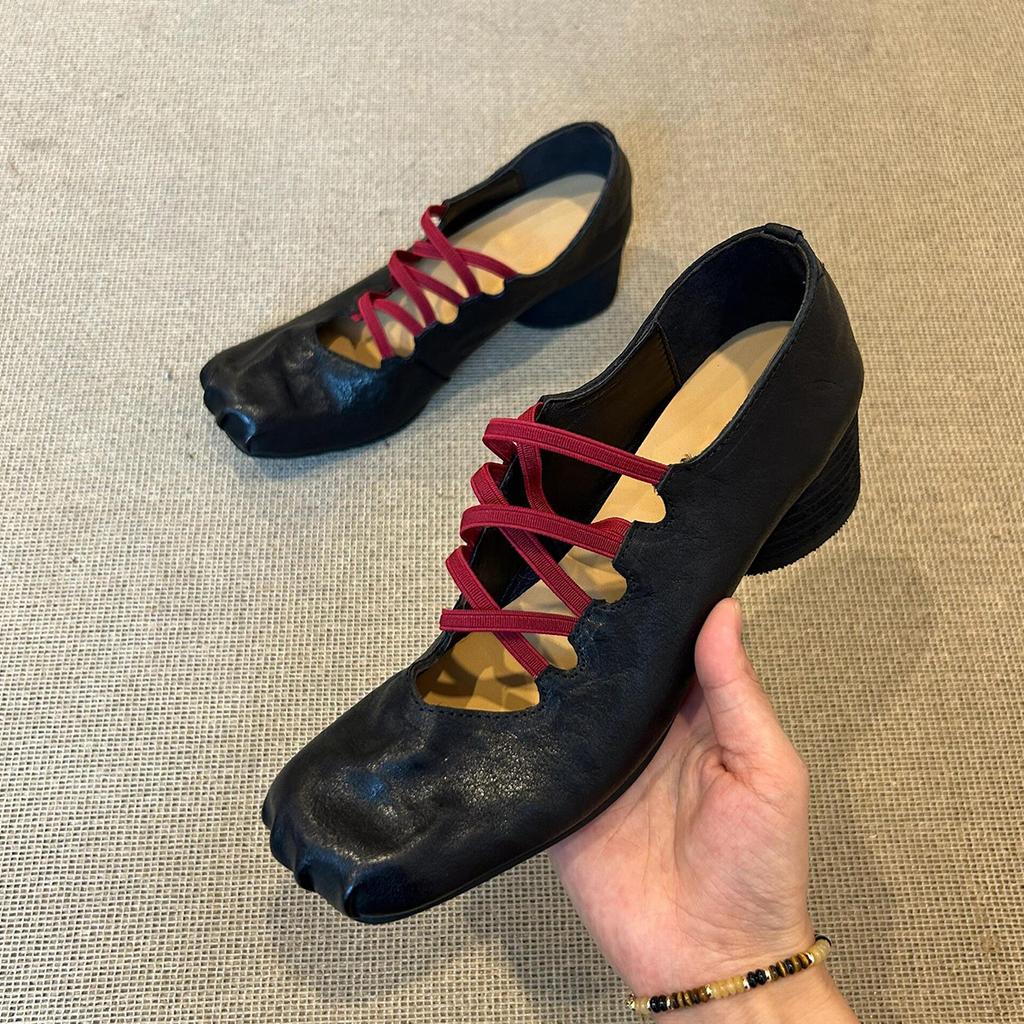 Sheepskin Version~ Retro Niche Cross-strap Single Shoe Pleated Leather Square Head Pig Nose Shallow Mouth Ballet Shoes Women