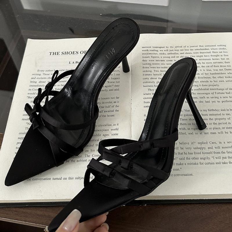 Fashion Elegant Bow Cross Tied Slippers Women Fashion Pointed Toe Thin Heel Slide Sandals Luxury Brand Designer Dress Shoe Zapatos Mujer