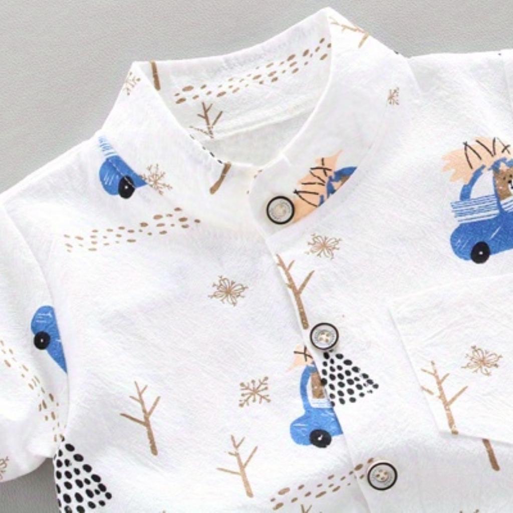 Infant and Toddler Summer Full Print Bear Driving Pattern Short Sleeved Shorts Set for Outdoor Standing Collar Shirt Fashion Two