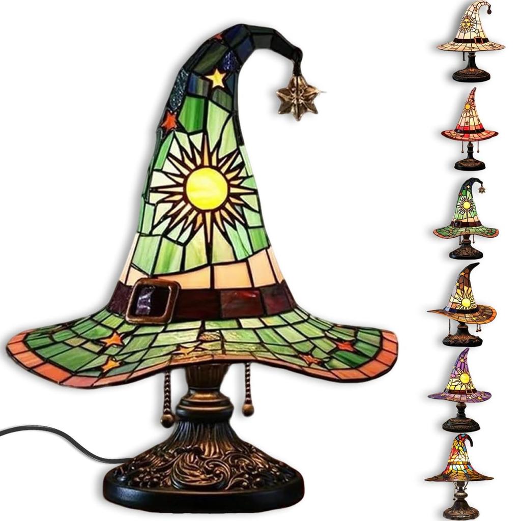 Stained Glass Witch Hat Lamp, Spooky Fun Handmade Hat Shape Lights, Nightstand Night Light With Mystical Charm