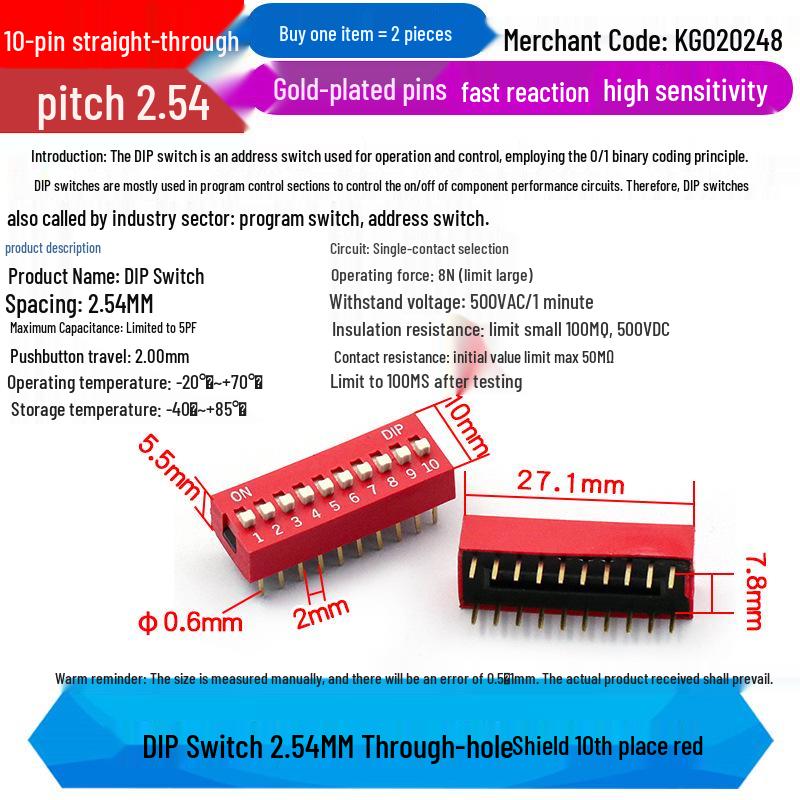 SMD DIP Switch, Flat Toggle, 2P 4-10 Positions, 2.54mm, Red/Blue/Black