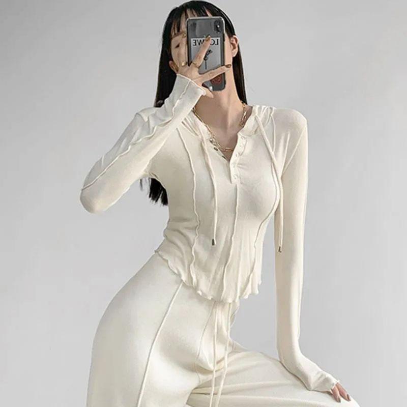 Slim Hoodie Grey Short Top High Waist Navel Exposed American Hottie Pure Desire Pressed Pleated Long Sleeve Thin T-shirt