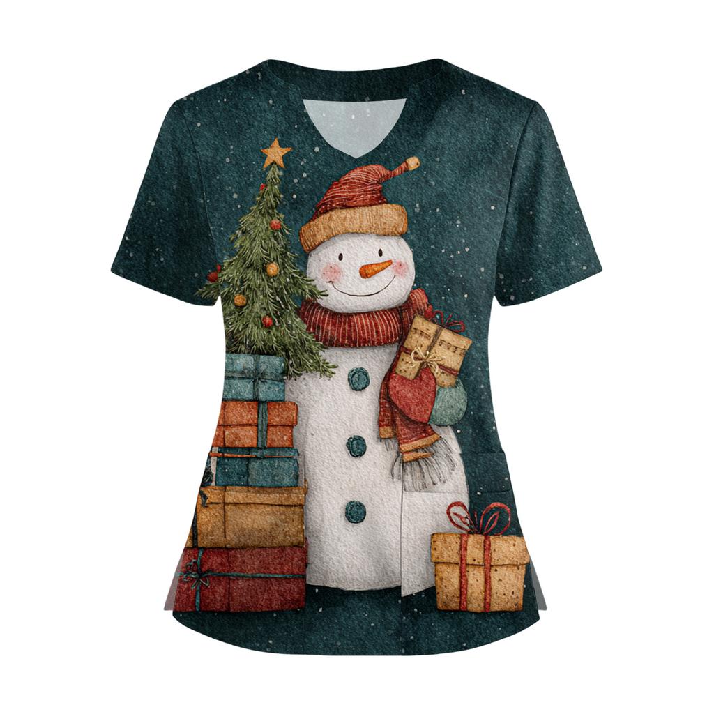 Women's Short Sleeved Christmas Printed V-neck Buttonable Side Slit Top T-shirt