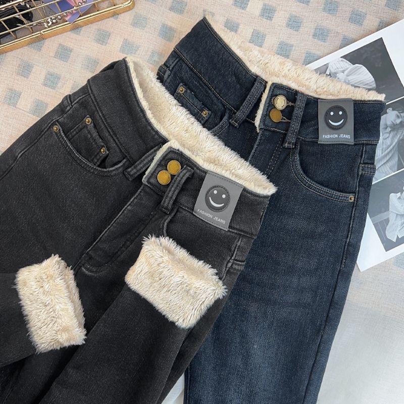 

Northeastern Plus Velvet High-Waisted Lambswool Jeans - Women s Winter Bootcut Slimming Pants S (for 80-95 jin)