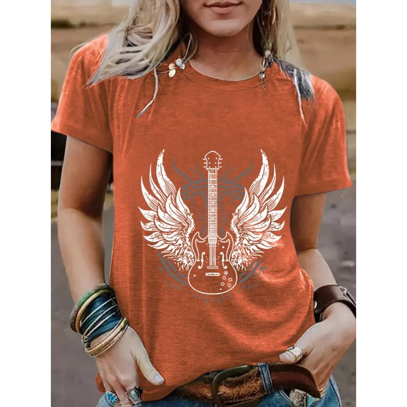 Summer Guitar Pattern Pure Cotton Round Neck Short Sleeved Casual Fashion Top T-Shirts Women’s