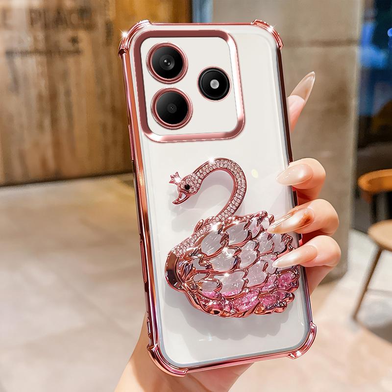 KEYSION Shockproof Plating TPU Phone Case for Remdi Note 14 4G 5G Glitter Jewelled Swan Kickstand Cover for Redmi Note 14