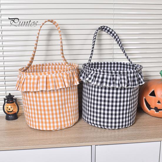 Easter Egg Hunt Carriers Halloween Basket, Plaid Ruffle Trick or Treat Candy Bucket with Handle Celebration Accessories for Kids, Reusable Gingham
