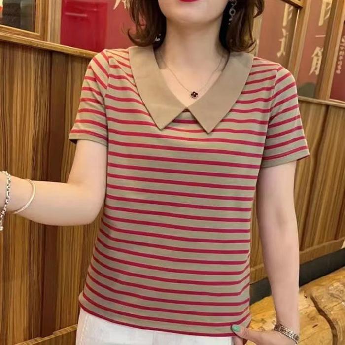 Striped Short-sleeved T-shirt In Summer New Loose Belly Covering Doll Collar Top Age-reducing Half-sleeved Shirt