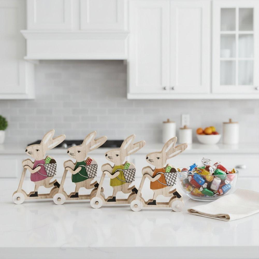 Wooden Material Easter Decoration Long-Eared Rabbit Cartoon Design Desk Decor DIY Crafts Wooden Rabbit Party Decorations