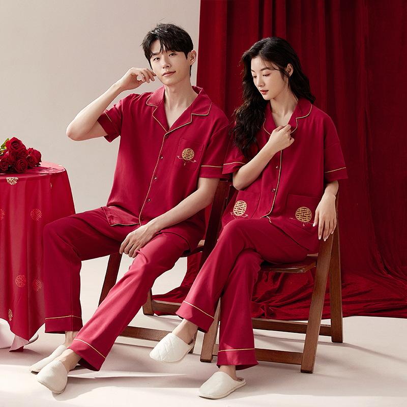 "New Red Cotton Couple's Pajama Set: Short-Sleeved Lapel Shirts & Trousers for Newlyweds"
