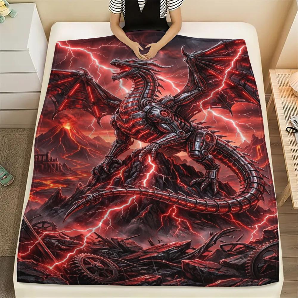 Red mechanical skull dragon Print Flannel Blanket,High quality Comfortable for All Seasons,Home Decor,Warmth and Comfort,Perfect for Christmas Gifts