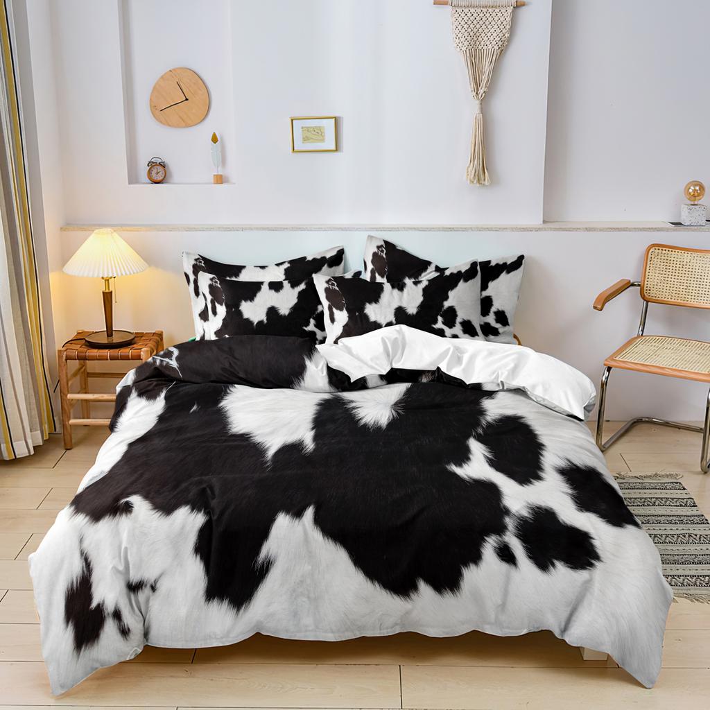 3pcs Cowhide Pattern Print Comforter Cover Set, Black White Animal Print Bedding, Washable Microfiber Duvet Cover