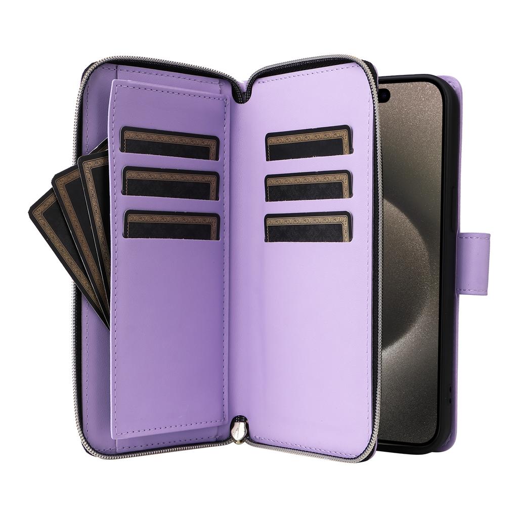 R20 For iPhone 15 Pro Case Zipper Pocket PU Leather Cover with 9 Card Slots