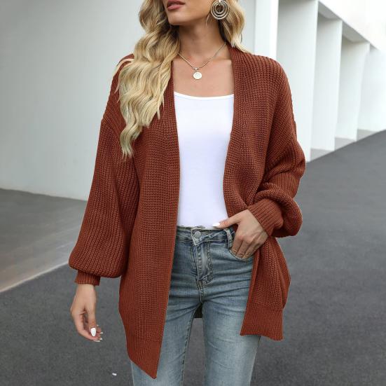 Women Sweater Coat Collarless Lantern Long Sleeve Open Front Knitting Coat Solid Color Loose Fit Mid-length Outwear