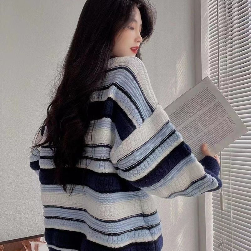 Autumn Winter Pink Stripe Sweater Vintage Loose Knit Fried Dough Twist Contrast Color Top Korean Warm Sweater Pullover Female
