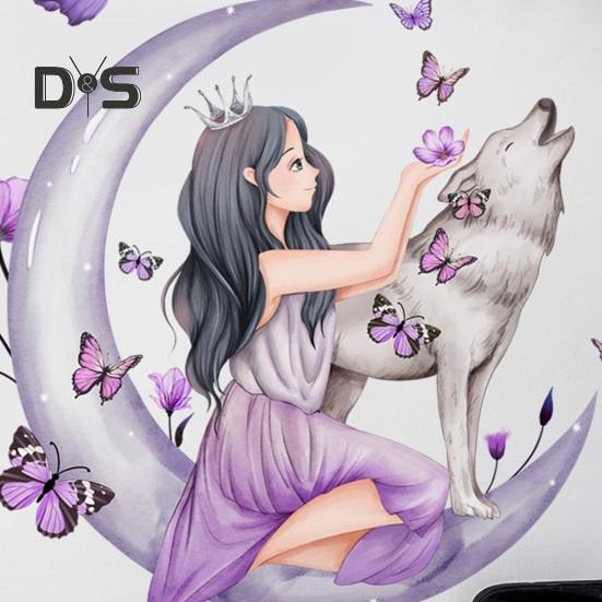 2Pcs/Set Exquisite Wall Art Sticker Detachable Modern Girl Seat On Moon Pattern Wall Stickers