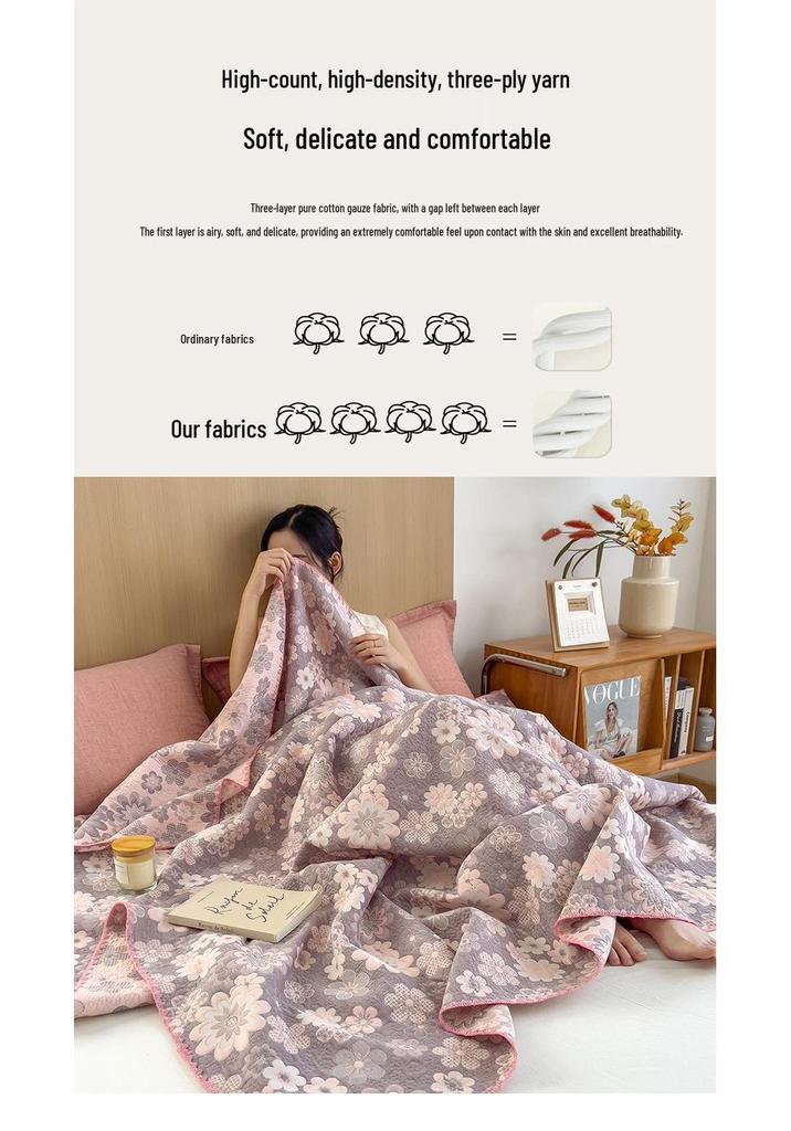 100% Cotton Summer Gauze Blanket - Lightweight, Three-Layer Design for Office, Nap, or Sofa