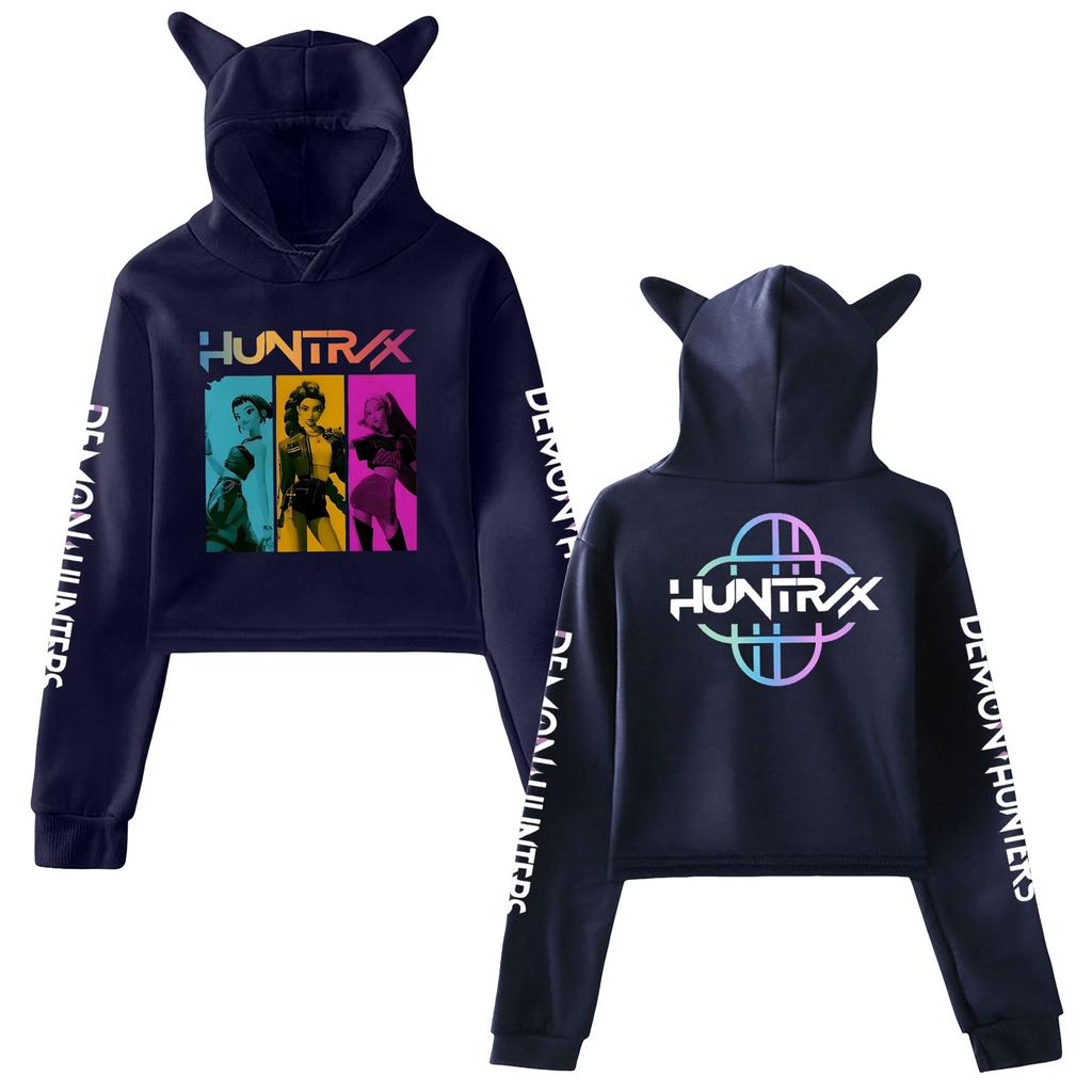 Kpop Demon Hunters Crop Tops Cat Ears 2 Sided Long Sleeve Crop Tops Girls Fashion Hoodie