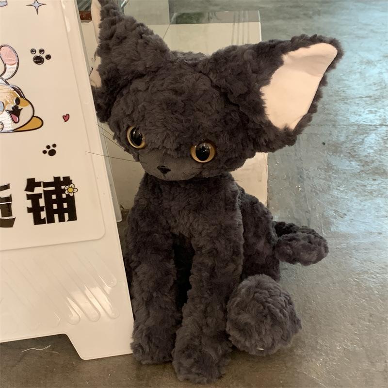 Cute Black Cat Plush Toy Throw Pillow Khaki Curly KUKI Black Cat Long Hair Doll Stuffed Animals Festive Gifts for Kids Birthday