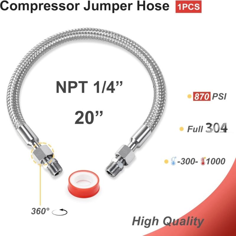 1/4Inch X 20Inch Nonrust Steel Air Compressor Jumpers Hose With Rotating NPT Ends For Stable Airflows