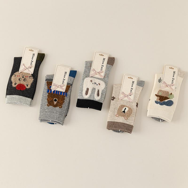Vintage Cartoon Socks Thickened Mid-Leg Socks Cotton Sweat-Wicking Breathable Hemifleece Jacquard Cute And Versatile