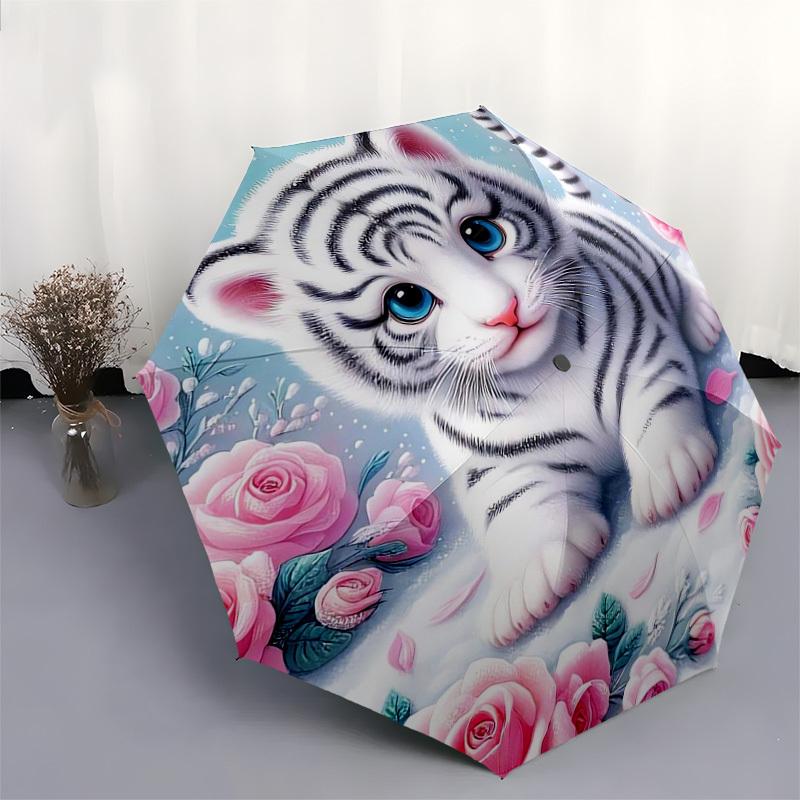 1pc Adorable White Tiger Cub with Pink Roses Umbrella with Plastic Handle,Suitable for All Seasons Home Travel Outdoor UmbrellaDD034